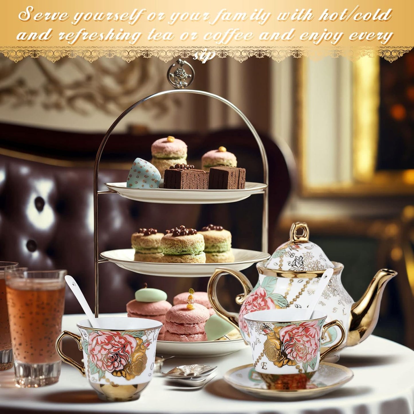 Ceramic tea set (with metal tray and spoons) Adult ceramic tea set with European floral pattern teapot, cup, tray and spoon. Suitable as a gift for women and mothers. Large version (bright style, 20 pieces)