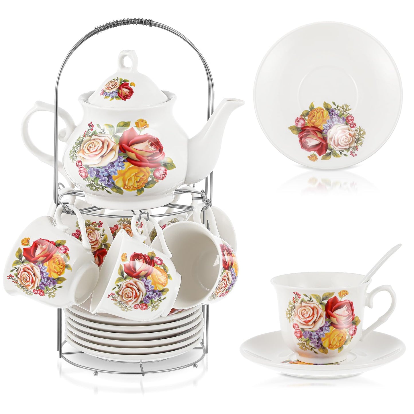 Ceramic tea set (with metal tray and spoons) Adult ceramic tea set with European floral pattern teapot, cup, tray and spoon. Suitable as a gift for women and mothers. Large version (bright style, 20 pieces)