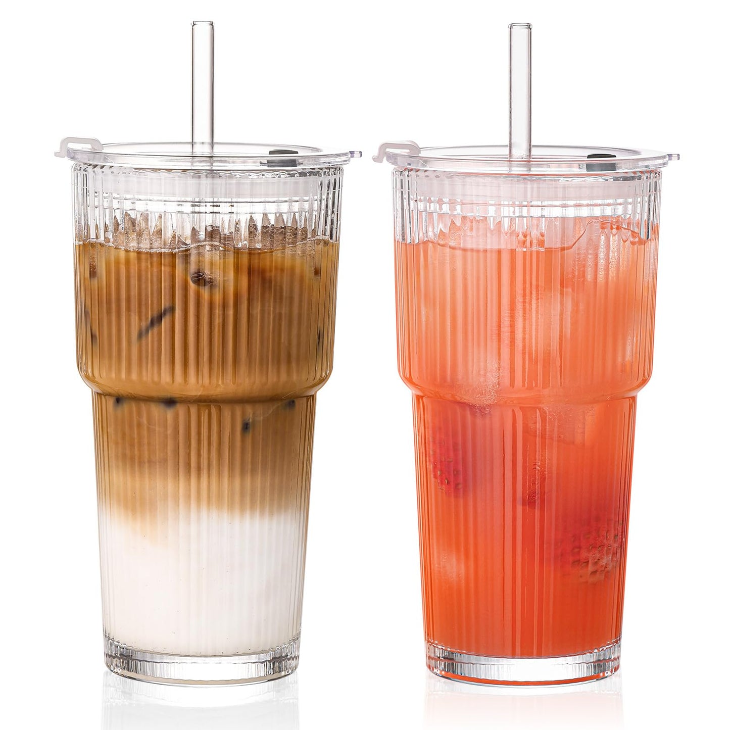 20oz Glass Tumblers with Straws and Lids, Ribbed Iced Coffee Cups Leak-proof, Dishwasher Safe, Thickened Glass Cups with Lids Ideal for Coffee and Travel, Clear, 4 Pack