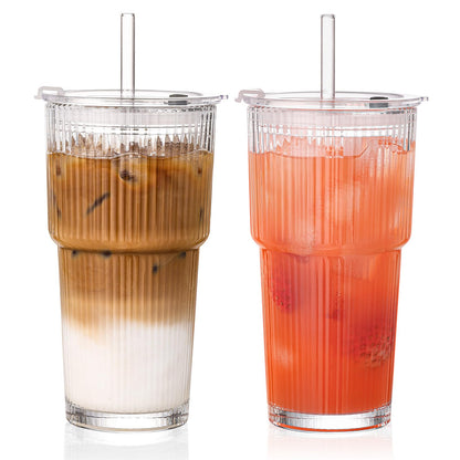 20oz Glass Tumblers with Straws and Lids, Ribbed Iced Coffee Cups Leak-proof, Dishwasher Safe, Thickened Glass Cups with Lids Ideal for Coffee and Travel, Clear, 4 Pack