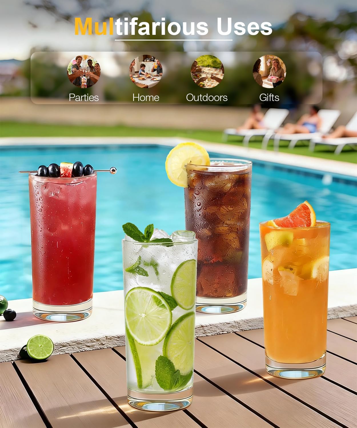 Drinking Water Glasses Set, Lead-Free Crystal Highball Glass, Tall Glass Cups for Cocktail Parties,Clear set of 6,16oz