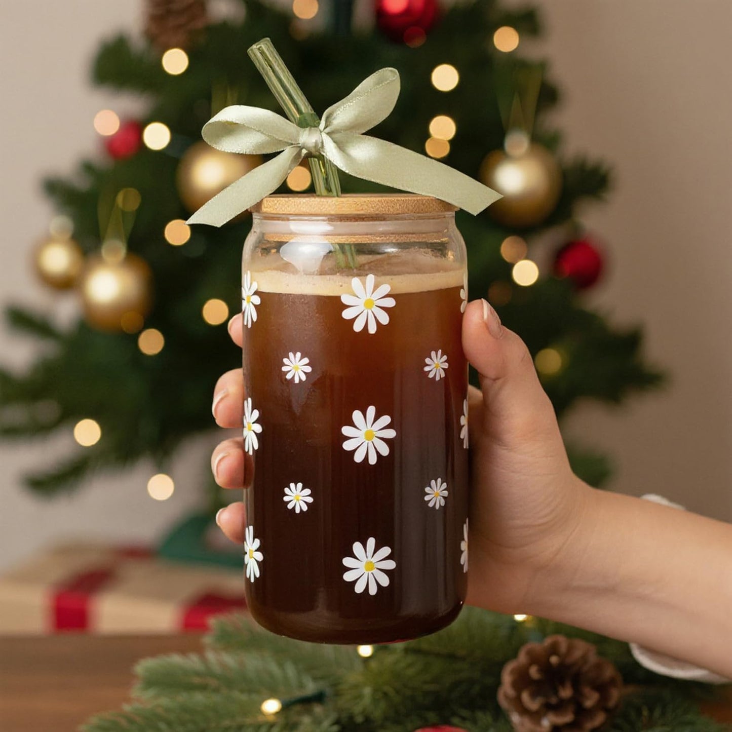 Cute Glass Matcha Cup with Lids and Straws, Teen Girl Birthday Gifts Daisy Iced Coffee Cups, Sage Green Aesthetic Mug Tumbler for Mothers Day Christmas Valentines Coffee Lover 16oz