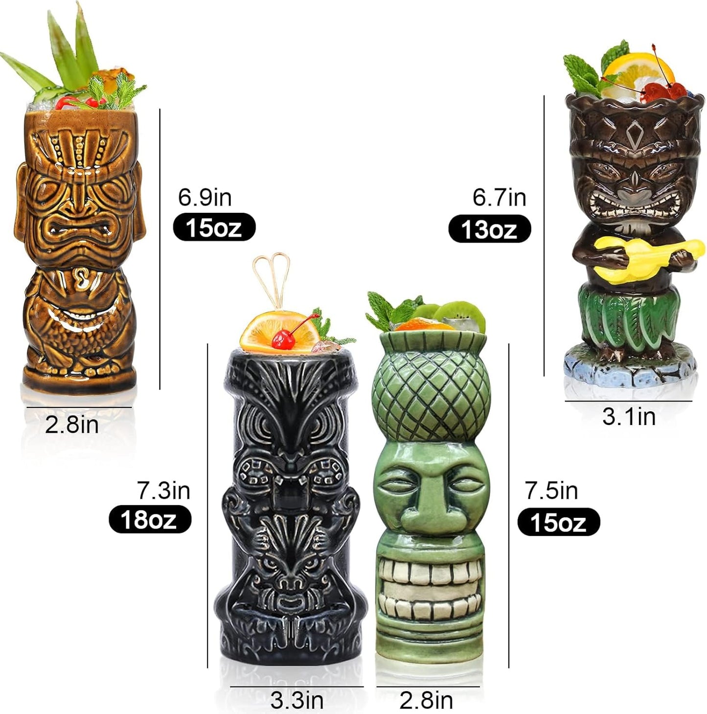 Barware Set (for cocktails - tiki cups) 4-piece set - ceramic party cups - bar decoration - creative - large Hawaiian beverage bar decoration - classic tropical drinkware - barware 4 sets