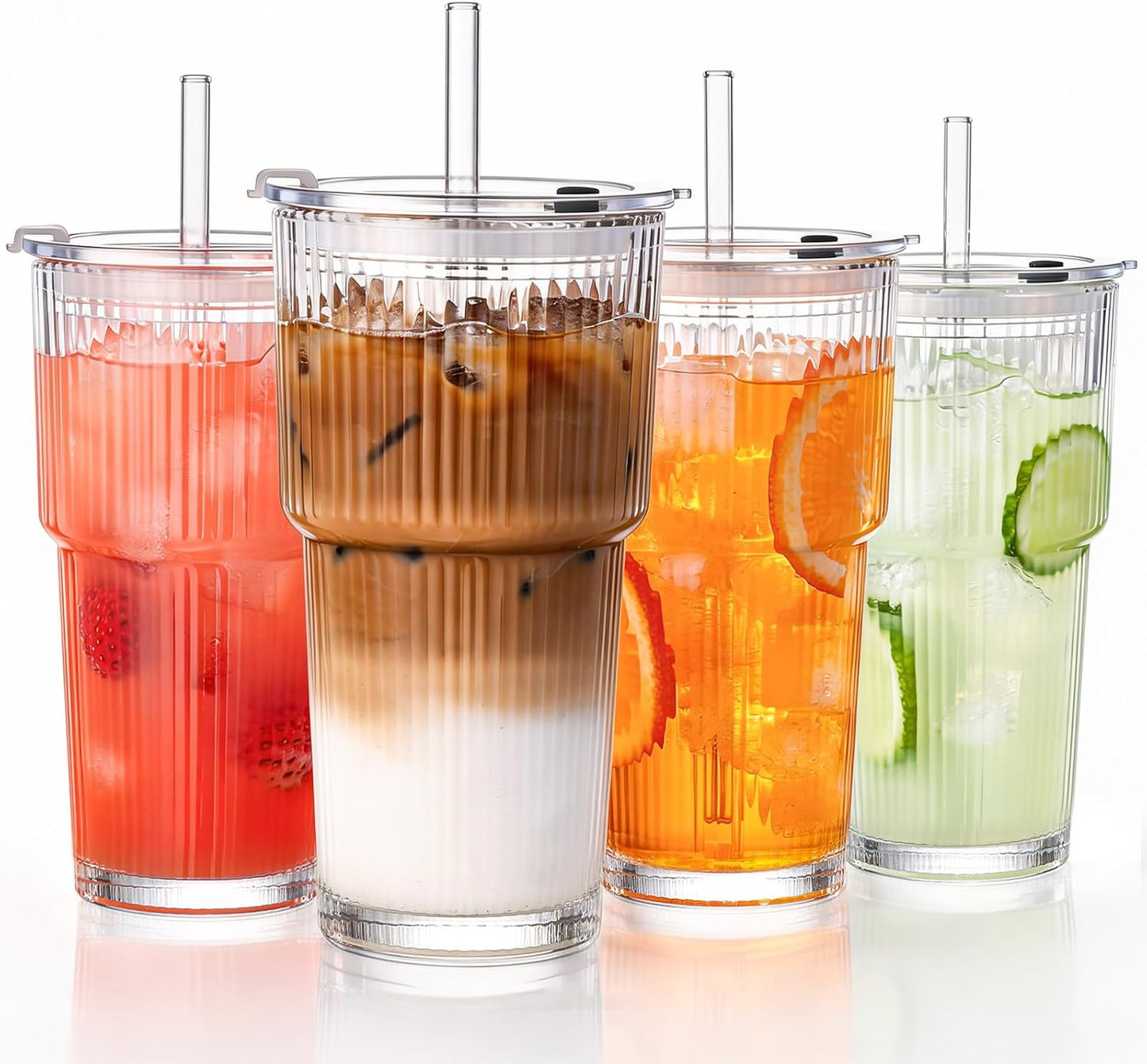 20oz Glass Tumblers with Straws and Lids, Ribbed Iced Coffee Cups Leak-proof, Dishwasher Safe, Thickened Glass Cups with Lids Ideal for Coffee and Travel, Clear, 4 Pack