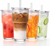 20oz Glass Tumblers with Straws and Lids, Ribbed Iced Coffee Cups Leak-proof, Dishwasher Safe, Thickened Glass Cups with Lids Ideal for Coffee and Travel, Clear, 4 Pack