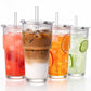 20oz Glass Tumblers with Straws and Lids, Ribbed Iced Coffee Cups Leak-proof, Dishwasher Safe, Thickened Glass Cups with Lids Ideal for Coffee and Travel, Clear, 4 Pack