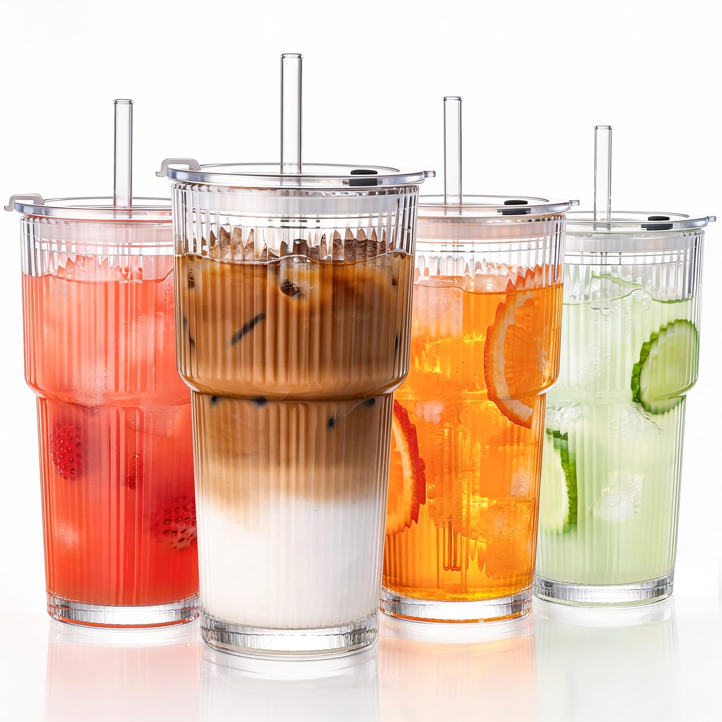 20oz Glass Tumblers with Straws and Lids, Ribbed Iced Coffee Cups Leak-proof, Dishwasher Safe, Thickened Glass Cups with Lids Ideal for Coffee and Travel, Clear, 4 Pack