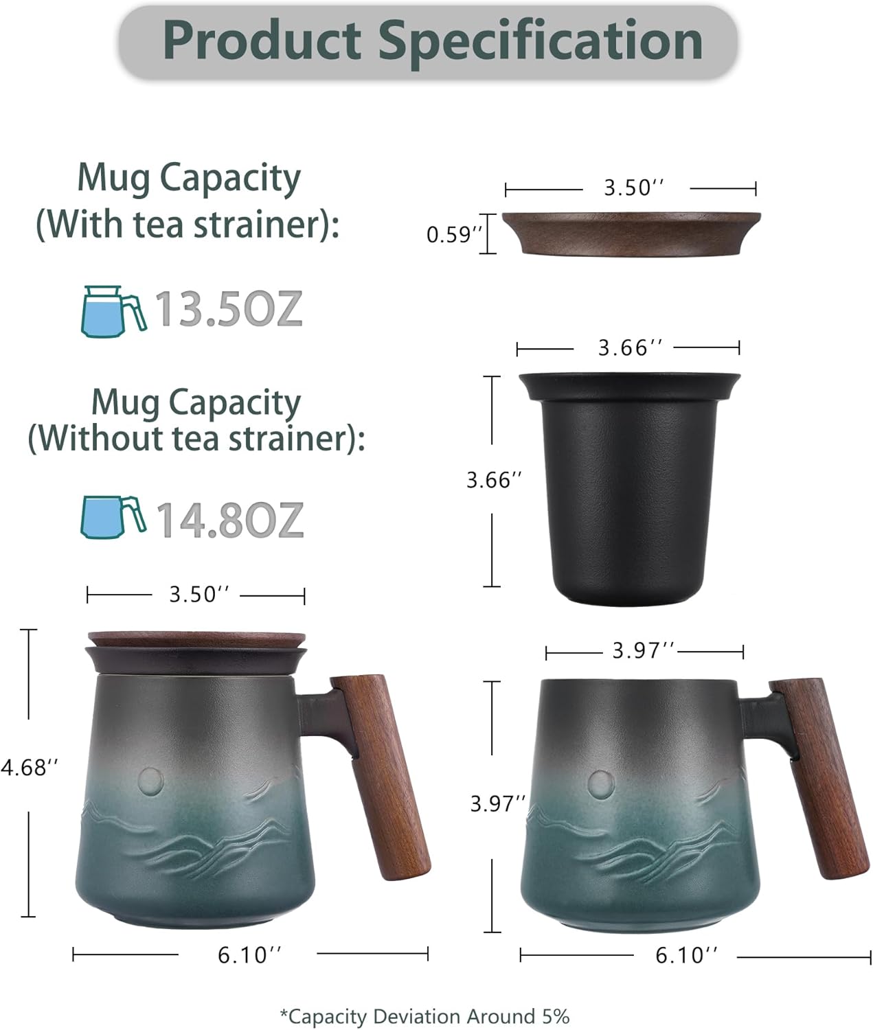 A pressed ceramic tea cup with a filter and lid, with a capacity of 14.5 ounces, a wooden handle. It is a gift set suitable for tea lovers, including a tea infuser cup and a filter.