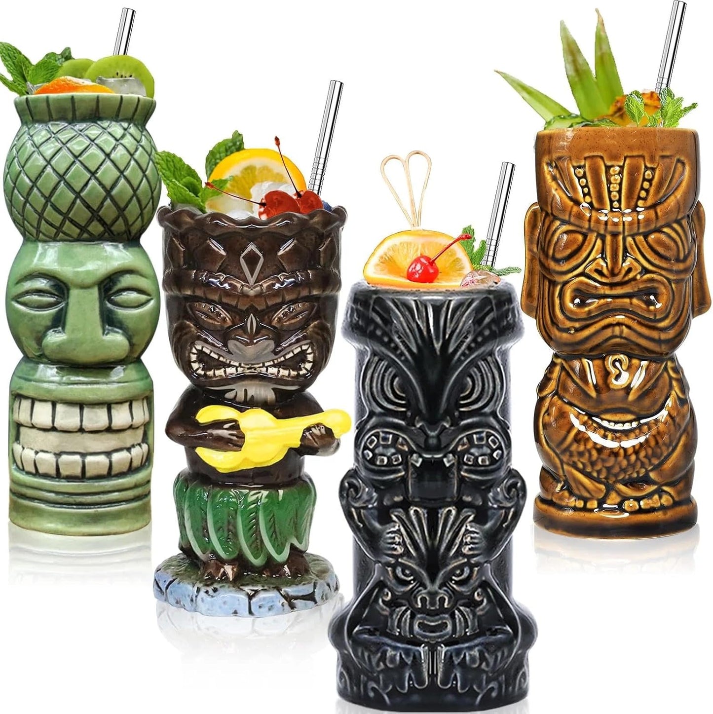 Barware Set (for cocktails - tiki cups) 4-piece set - ceramic party cups - bar decoration - creative - large Hawaiian beverage bar decoration - classic tropical drinkware - barware 4 sets