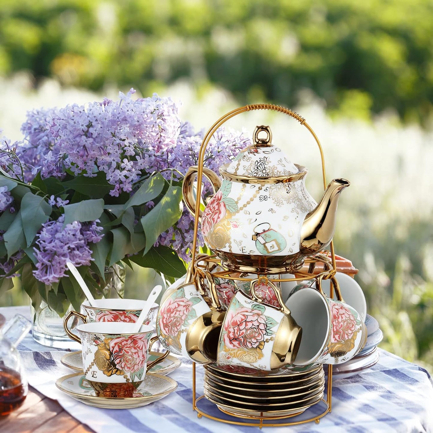 Ceramic tea set (with metal tray and spoons) Adult ceramic tea set with European floral pattern teapot, cup, tray and spoon. Suitable as a gift for women and mothers. Large version (bright style, 20 pieces)