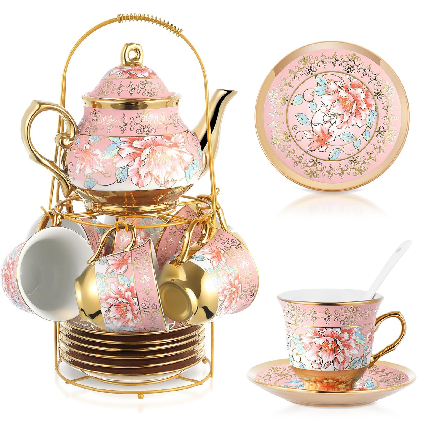 Ceramic tea set (with metal tray and spoons) Adult ceramic tea set with European floral pattern teapot, cup, tray and spoon. Suitable as a gift for women and mothers. Large version (bright style, 20 pieces)