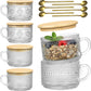 4pcs Set Vintage Coffee Mugs gifts for women, Overnight Oats Containers with Bamboo Lids and Spoons - 14oz Clear Embossed Glass Cups, Cute Coffee Bar Accessories, Iced Coffee Glasses