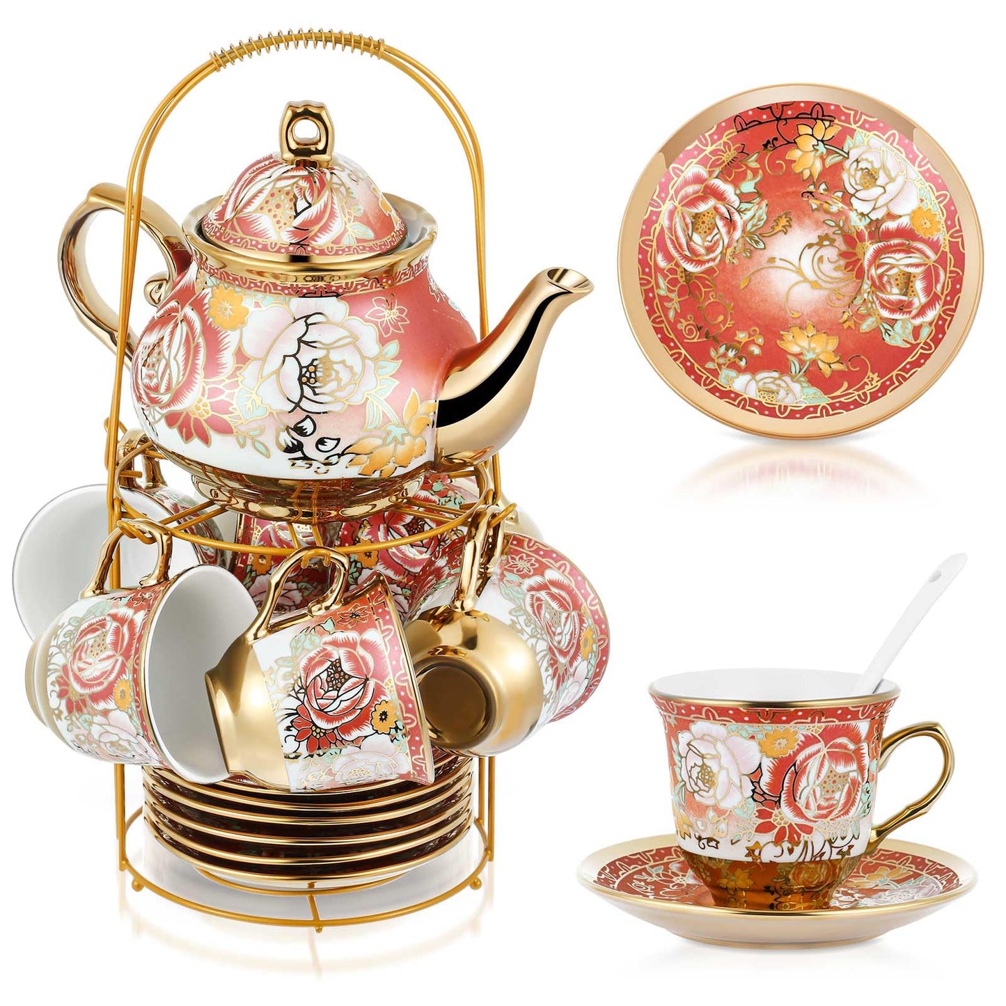 Ceramic tea set (with metal tray and spoons) Adult ceramic tea set with European floral pattern teapot, cup, tray and spoon. Suitable as a gift for women and mothers. Large version (bright style, 20 pieces)