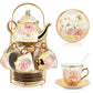 Ceramic tea set (with metal tray and spoons) Adult ceramic tea set with European floral pattern teapot, cup, tray and spoon. Suitable as a gift for women and mothers. Large version (bright style, 20 pieces)