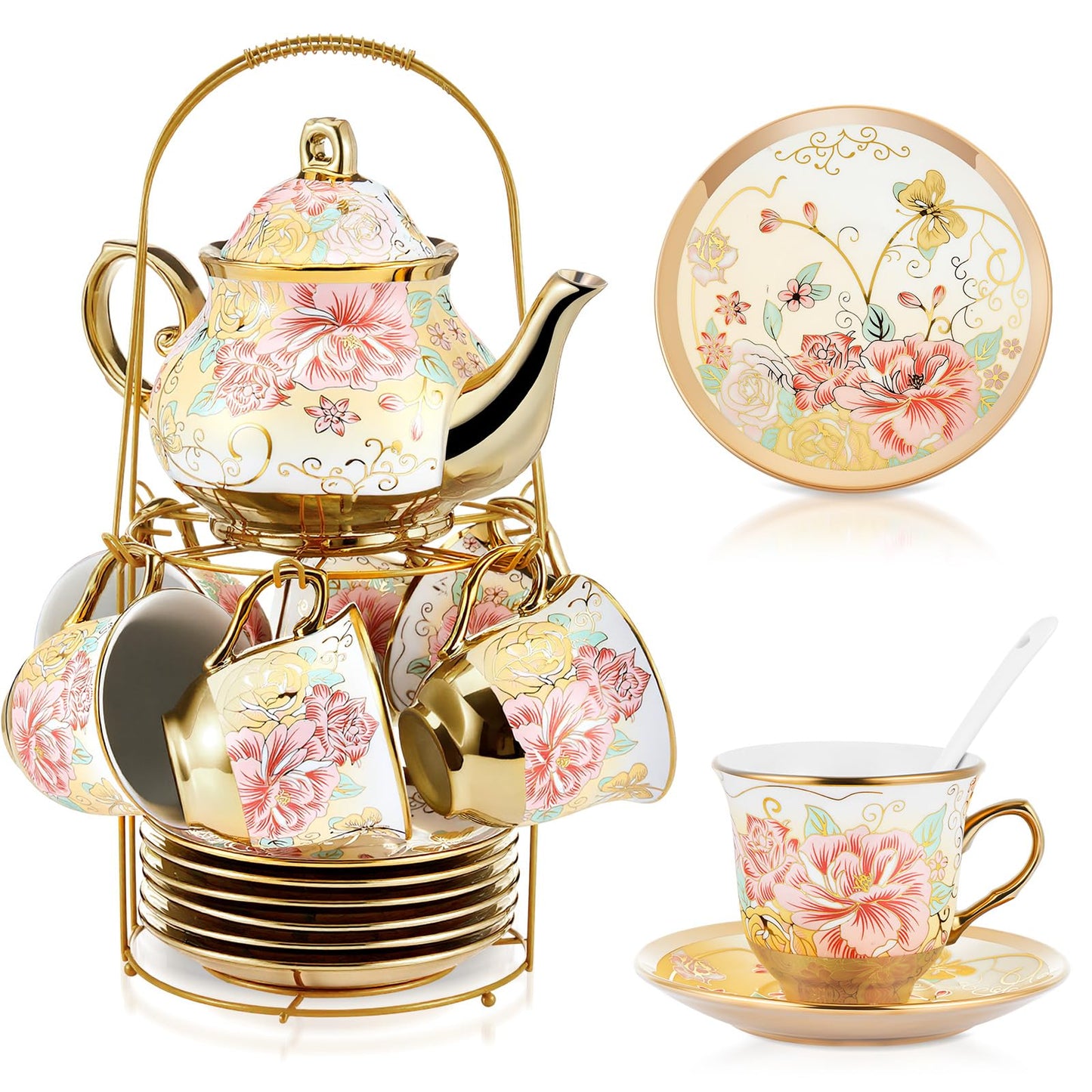 Ceramic tea set (with metal tray and spoons) Adult ceramic tea set with European floral pattern teapot, cup, tray and spoon. Suitable as a gift for women and mothers. Large version (bright style, 20 pieces)