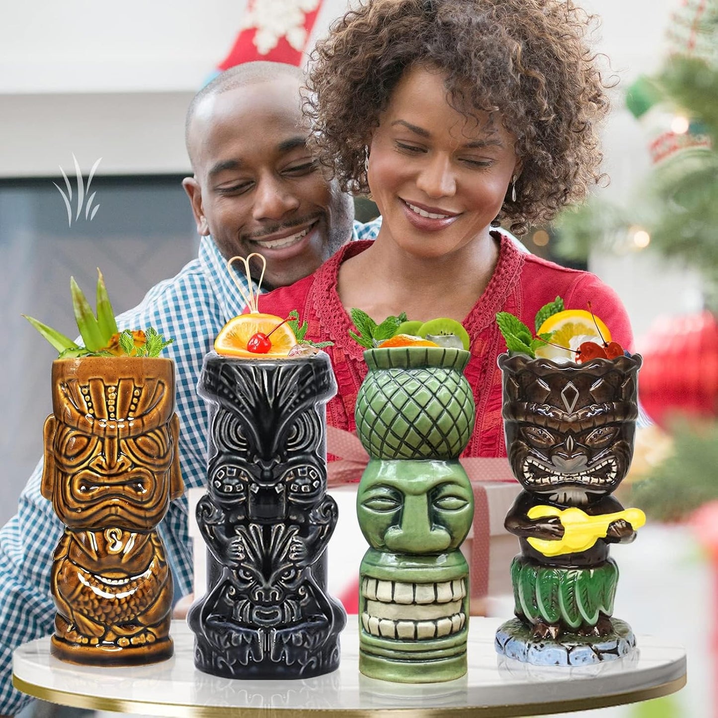 Barware Set (for cocktails - tiki cups) 4-piece set - ceramic party cups - bar decoration - creative - large Hawaiian beverage bar decoration - classic tropical drinkware - barware 4 sets
