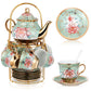 Ceramic tea set (with metal tray and spoons) Adult ceramic tea set with European floral pattern teapot, cup, tray and spoon. Suitable as a gift for women and mothers. Large version (bright style, 20 pieces)