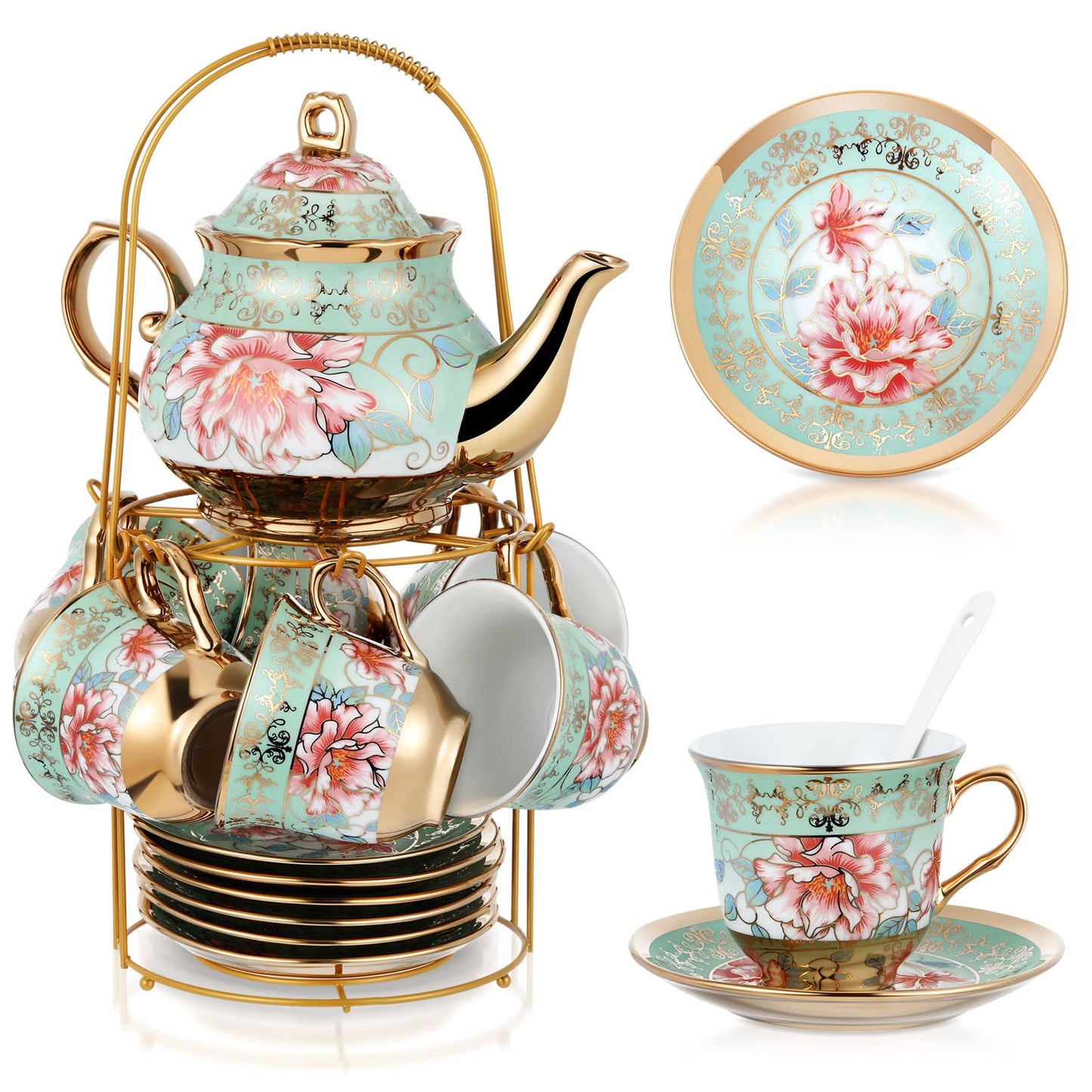 Ceramic tea set (with metal tray and spoons) Adult ceramic tea set with European floral pattern teapot, cup, tray and spoon. Suitable as a gift for women and mothers. Large version (bright style, 20 pieces)