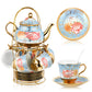 Ceramic tea set (with metal tray and spoons) Adult ceramic tea set with European floral pattern teapot, cup, tray and spoon. Suitable as a gift for women and mothers. Large version (bright style, 20 pieces)