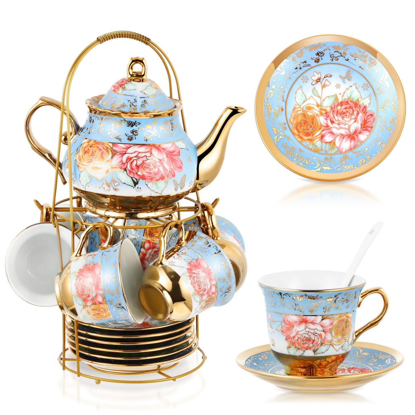 Ceramic tea set (with metal tray and spoons) Adult ceramic tea set with European floral pattern teapot, cup, tray and spoon. Suitable as a gift for women and mothers. Large version (bright style, 20 pieces)
