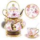 Ceramic tea set (with metal tray and spoons) Adult ceramic tea set with European floral pattern teapot, cup, tray and spoon. Suitable as a gift for women and mothers. Large version (bright style, 20 pieces)