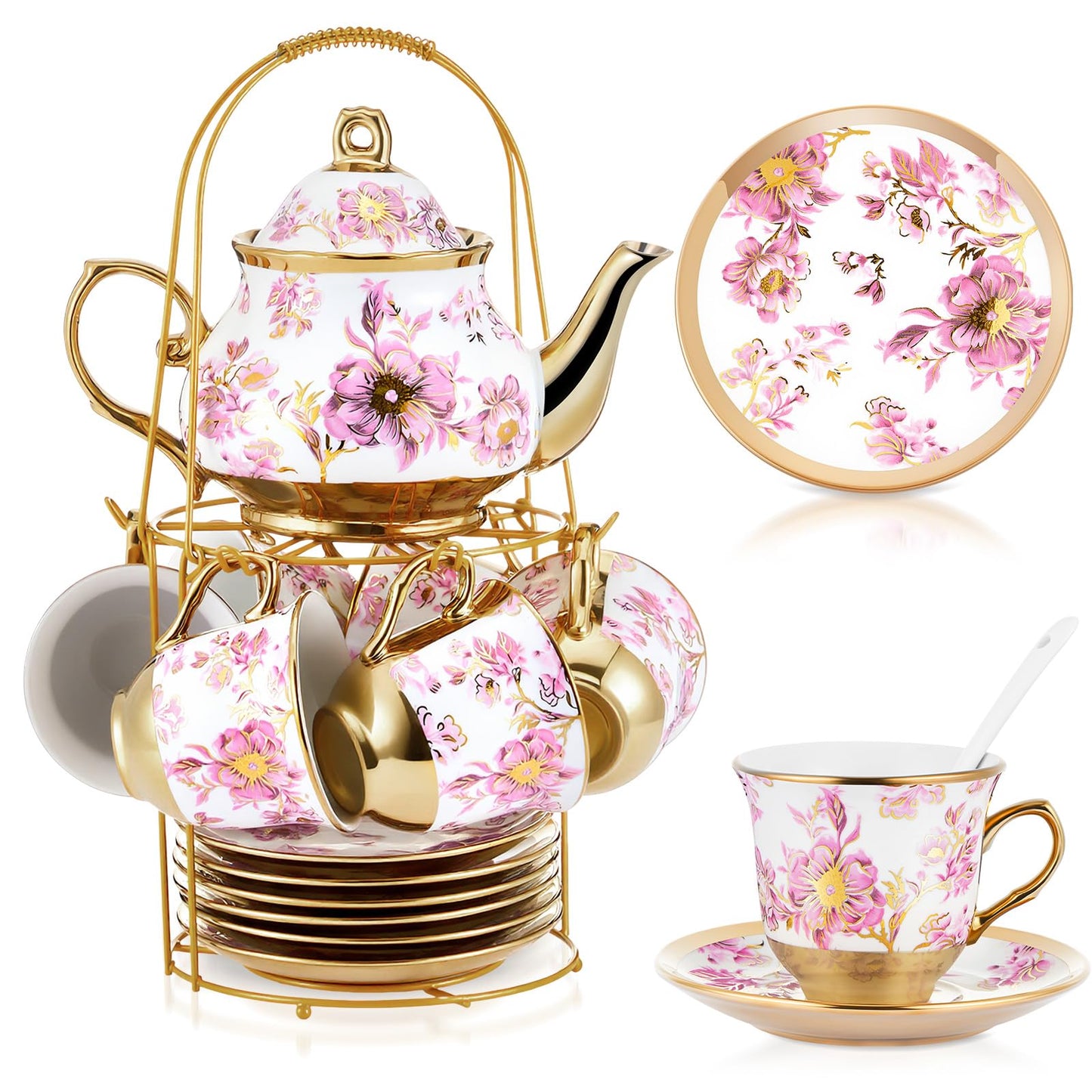 Ceramic tea set (with metal tray and spoons) Adult ceramic tea set with European floral pattern teapot, cup, tray and spoon. Suitable as a gift for women and mothers. Large version (bright style, 20 pieces)