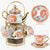 Ceramic tea set (with metal tray and spoons) Adult ceramic tea set with European floral pattern teapot, cup, tray and spoon. Suitable as a gift for women and mothers. Large version (bright style, 20 pieces)
