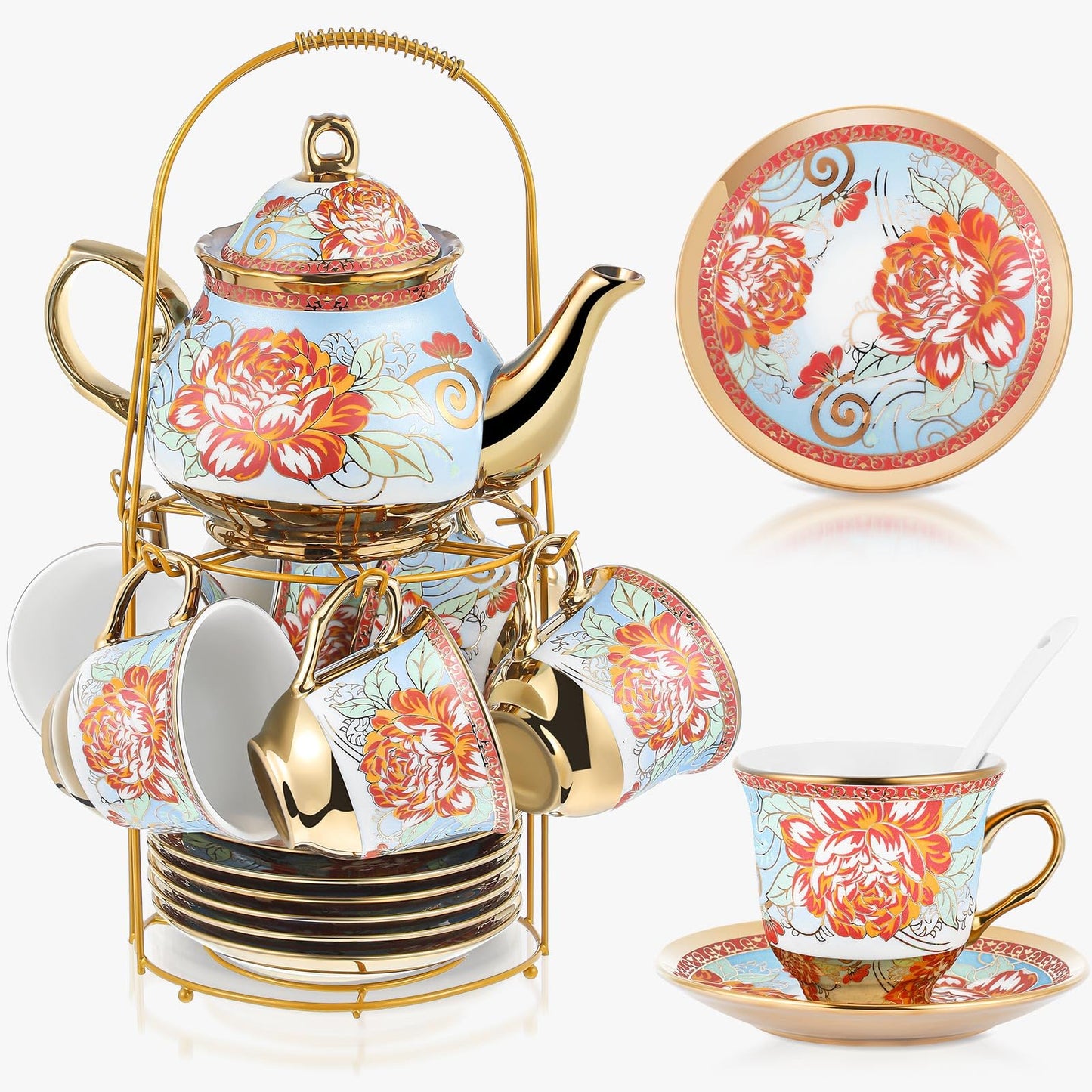 Ceramic tea set (with metal tray and spoons) Adult ceramic tea set with European floral pattern teapot, cup, tray and spoon. Suitable as a gift for women and mothers. Large version (bright style, 20 pieces)