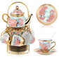 Ceramic tea set (with metal tray and spoons) Adult ceramic tea set with European floral pattern teapot, cup, tray and spoon. Suitable as a gift for women and mothers. Large version (bright style, 20 pieces)