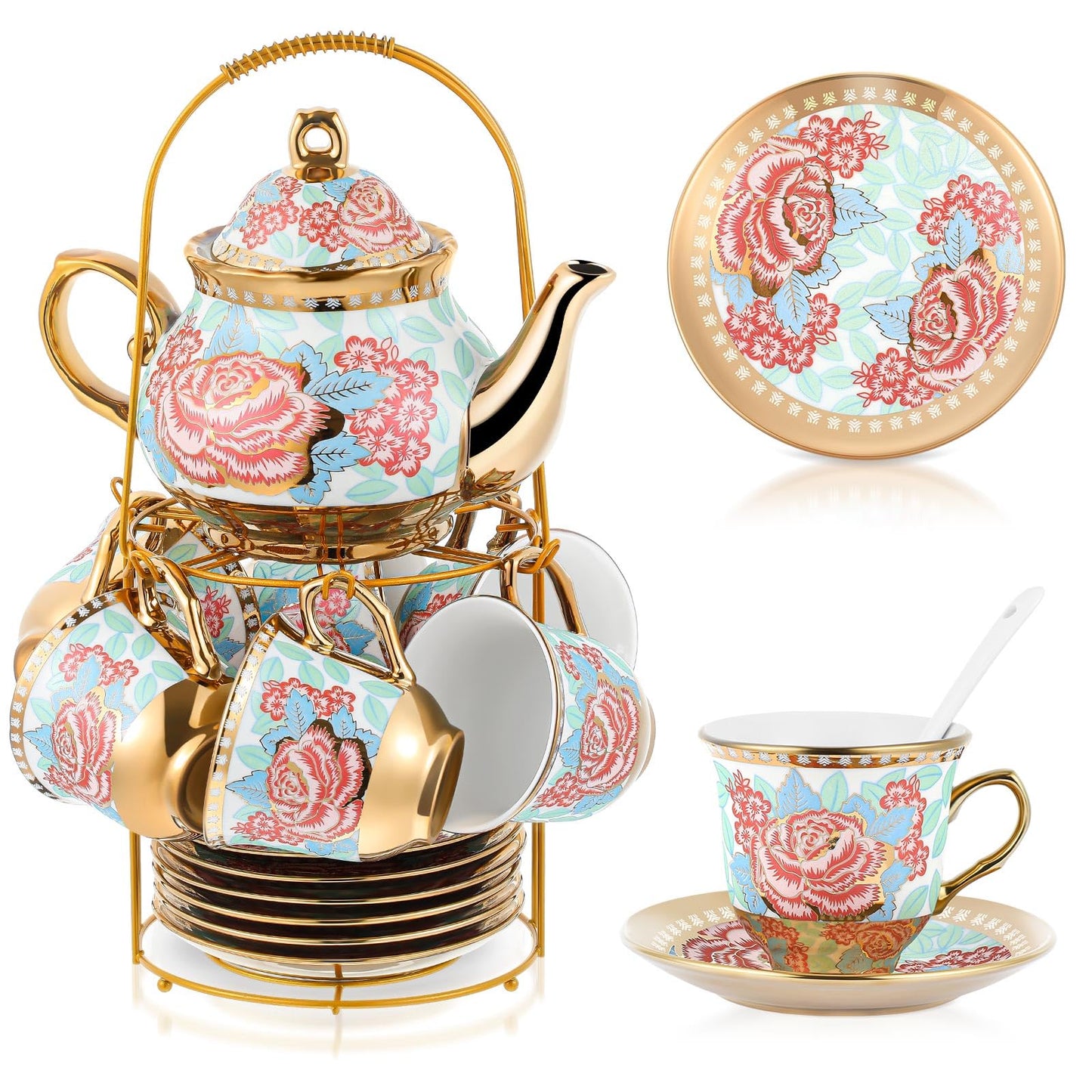 Ceramic tea set (with metal tray and spoons) Adult ceramic tea set with European floral pattern teapot, cup, tray and spoon. Suitable as a gift for women and mothers. Large version (bright style, 20 pieces)