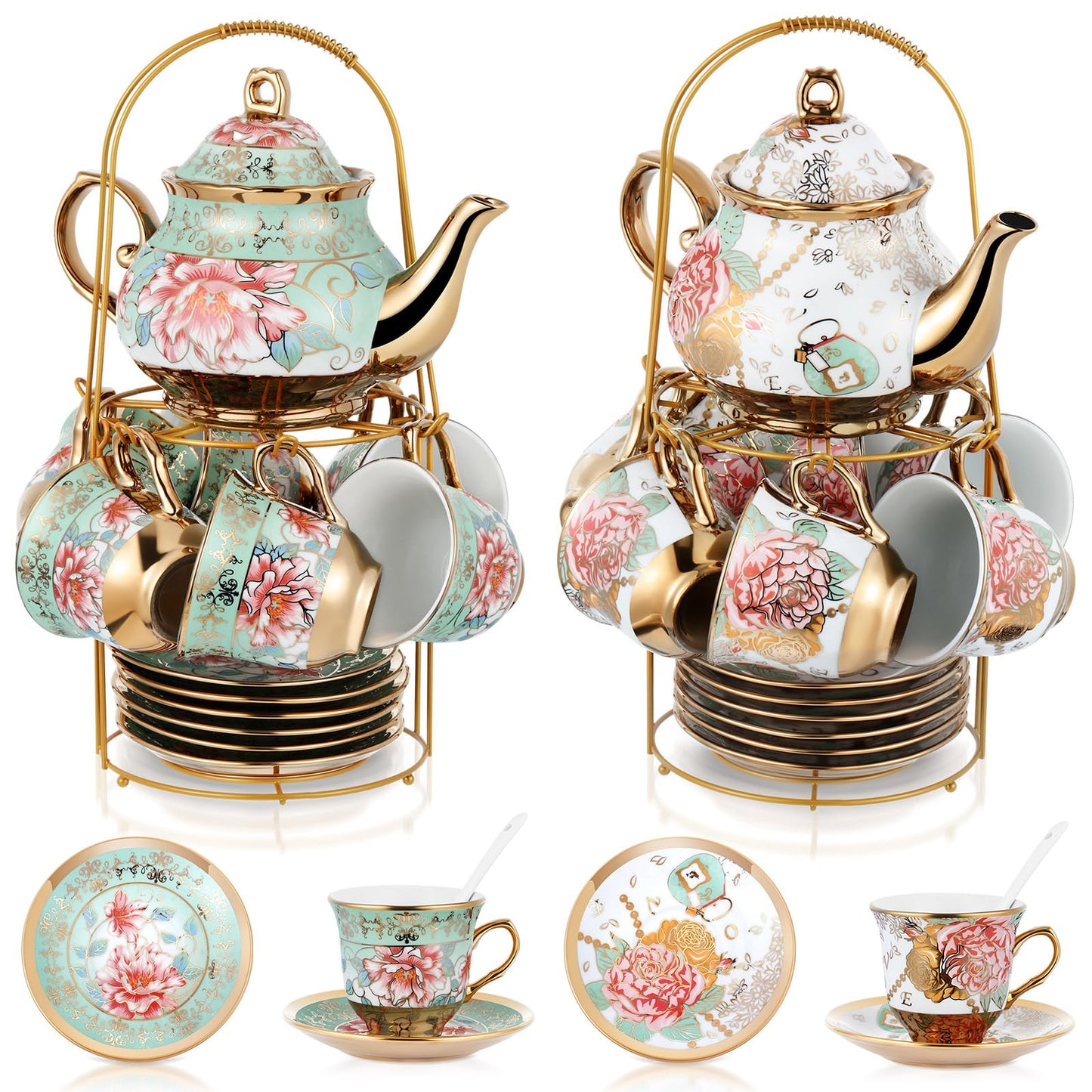 Ceramic tea set (with metal tray and spoons) Adult ceramic tea set with European floral pattern teapot, cup, tray and spoon. Suitable as a gift for women and mothers. Large version (bright style, 20 pieces)