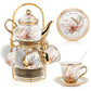 Ceramic tea set (with metal tray and spoons) Adult ceramic tea set with European floral pattern teapot, cup, tray and spoon. Suitable as a gift for women and mothers. Large version (bright style, 20 pieces)