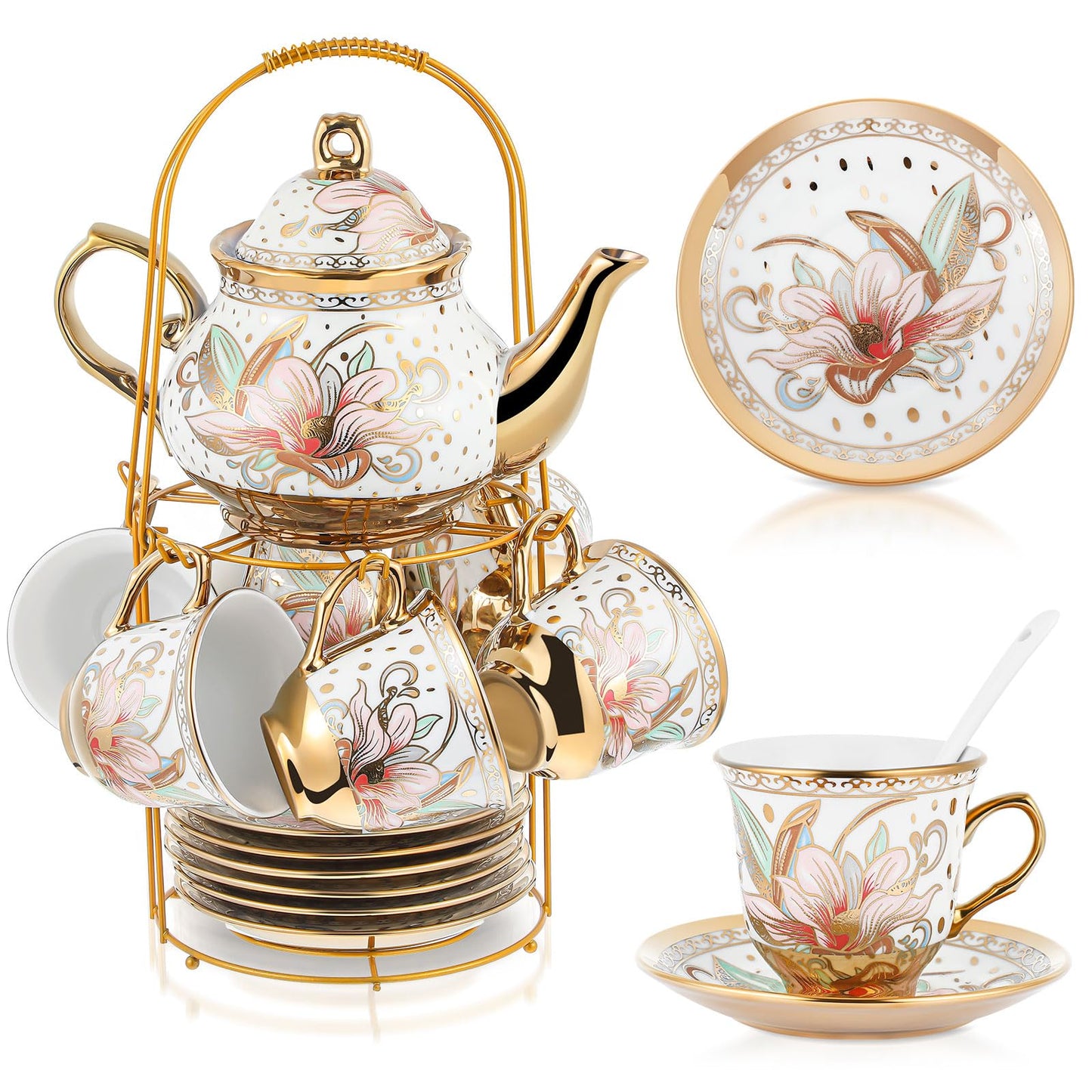 Ceramic tea set (with metal tray and spoons) Adult ceramic tea set with European floral pattern teapot, cup, tray and spoon. Suitable as a gift for women and mothers. Large version (bright style, 20 pieces)