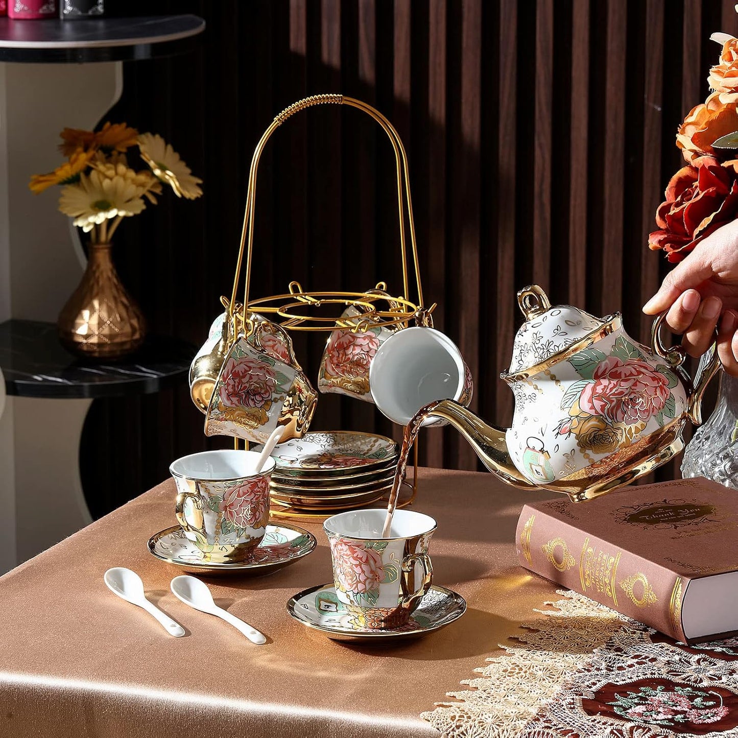 Ceramic tea set (with metal tray and spoons) Adult ceramic tea set with European floral pattern teapot, cup, tray and spoon. Suitable as a gift for women and mothers. Large version (bright style, 20 pieces)