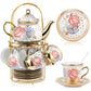 Ceramic tea set (with metal tray and spoons) Adult ceramic tea set with European floral pattern teapot, cup, tray and spoon. Suitable as a gift for women and mothers. Large version (bright style, 20 pieces)
