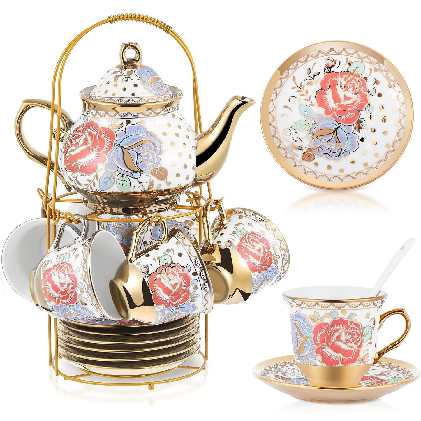 Ceramic tea set (with metal tray and spoons) Adult ceramic tea set with European floral pattern teapot, cup, tray and spoon. Suitable as a gift for women and mothers. Large version (bright style, 20 pieces)