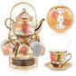 Ceramic tea set (with metal tray and spoons) Adult ceramic tea set with European floral pattern teapot, cup, tray and spoon. Suitable as a gift for women and mothers. Large version (bright style, 20 pieces)