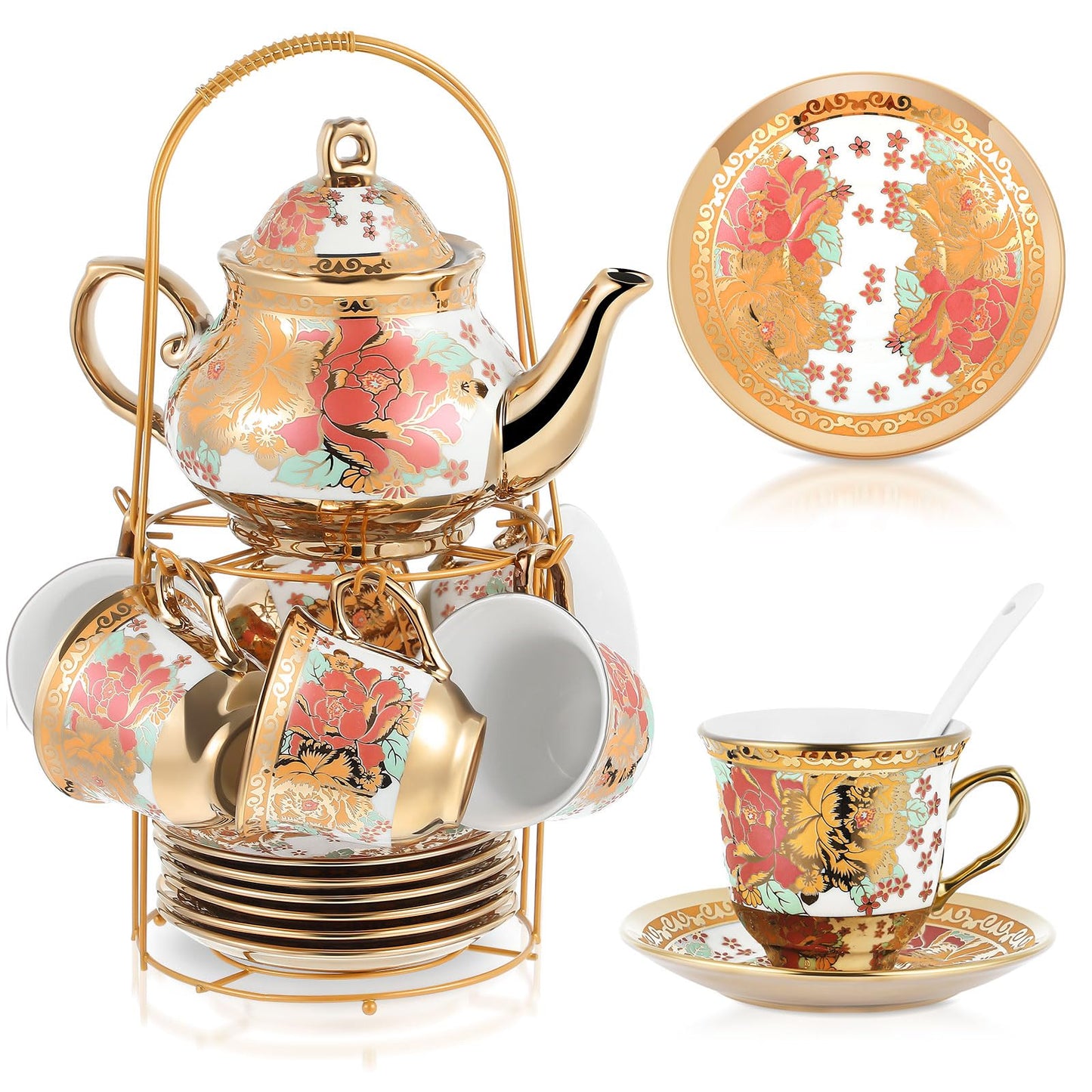 Ceramic tea set (with metal tray and spoons) Adult ceramic tea set with European floral pattern teapot, cup, tray and spoon. Suitable as a gift for women and mothers. Large version (bright style, 20 pieces)