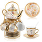 Ceramic tea set (with metal tray and spoons) Adult ceramic tea set with European floral pattern teapot, cup, tray and spoon. Suitable as a gift for women and mothers. Large version (bright style, 20 pieces)