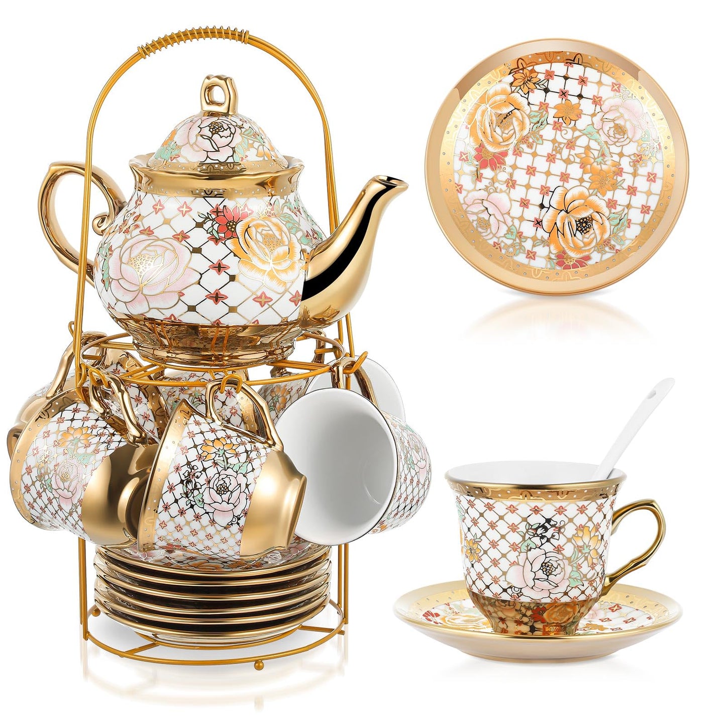 Ceramic tea set (with metal tray and spoons) Adult ceramic tea set with European floral pattern teapot, cup, tray and spoon. Suitable as a gift for women and mothers. Large version (bright style, 20 pieces)