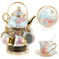 Ceramic tea set (with metal tray and spoons) Adult ceramic tea set with European floral pattern teapot, cup, tray and spoon. Suitable as a gift for women and mothers. Large version (bright style, 20 pieces)