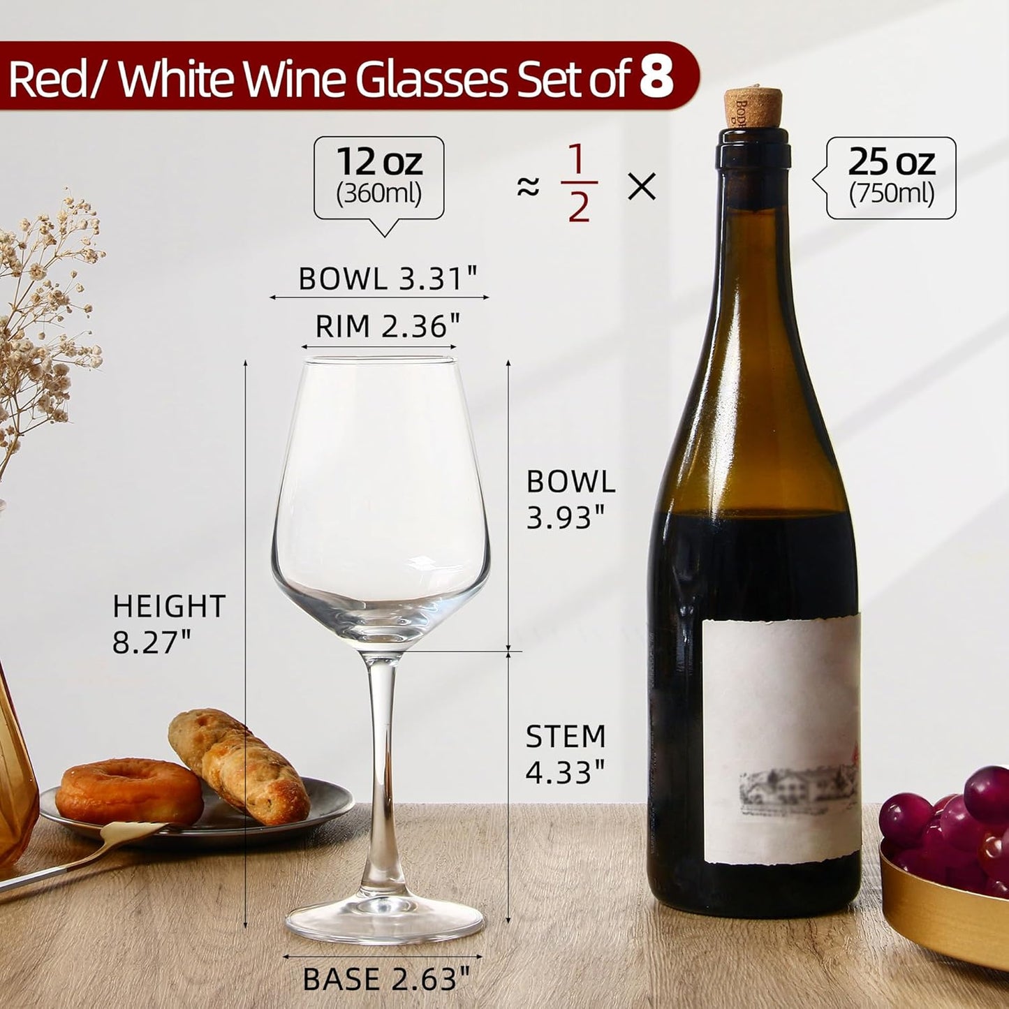 Eight-piece glass wine set, 12 ounces transparent red/brown style, long-handled wine glasses, suitable for parties, weddings and household use