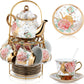 Ceramic tea set (with metal tray and spoons) Adult ceramic tea set with European floral pattern teapot, cup, tray and spoon. Suitable as a gift for women and mothers. Large version (bright style, 20 pieces)