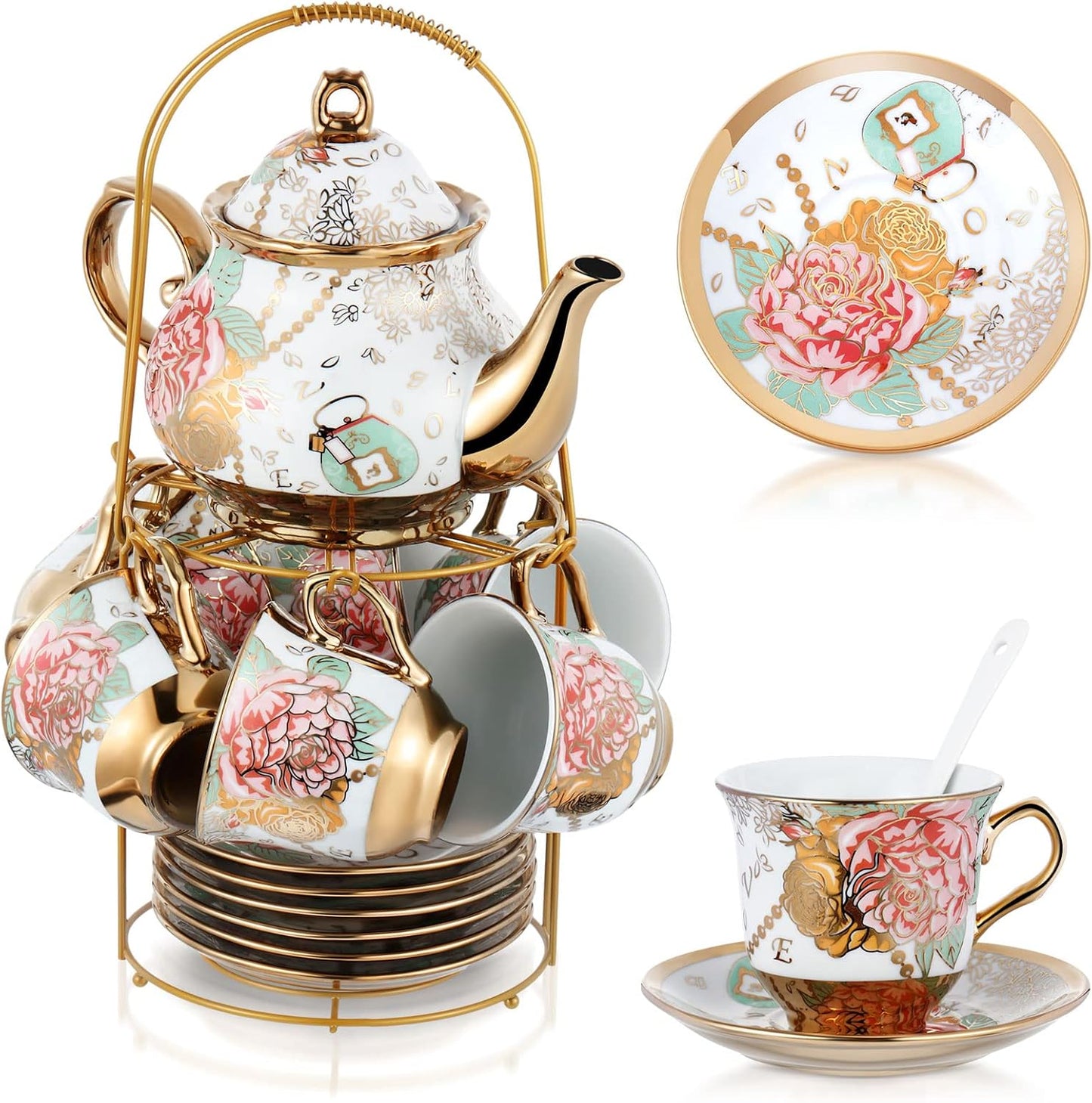 Ceramic tea set (with metal tray and spoons) Adult ceramic tea set with European floral pattern teapot, cup, tray and spoon. Suitable as a gift for women and mothers. Large version (bright style, 20 pieces)