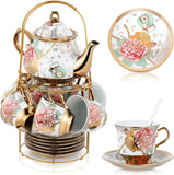 Ceramic tea set (with metal tray and spoons) Adult ceramic tea set with European floral pattern teapot, cup, tray and spoon. Suitable as a gift for women and mothers. Large version (bright style, 20 pieces)