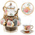 Ceramic tea set (with metal tray and spoons) Adult ceramic tea set with European floral pattern teapot, cup, tray and spoon. Suitable as a gift for women and mothers. Large version (bright style, 20 pieces)