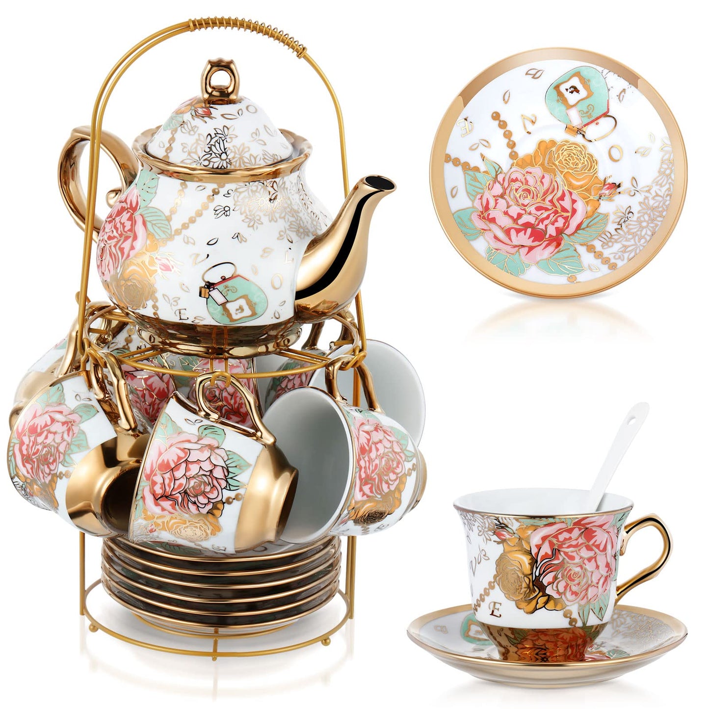 Ceramic tea set (with metal tray and spoons) Adult ceramic tea set with European floral pattern teapot, cup, tray and spoon. Suitable as a gift for women and mothers. Large version (bright style, 20 pieces)