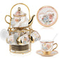 Ceramic tea set (with metal tray and spoons) Adult ceramic tea set with European floral pattern teapot, cup, tray and spoon. Suitable as a gift for women and mothers. Large version (bright style, 20 pieces)