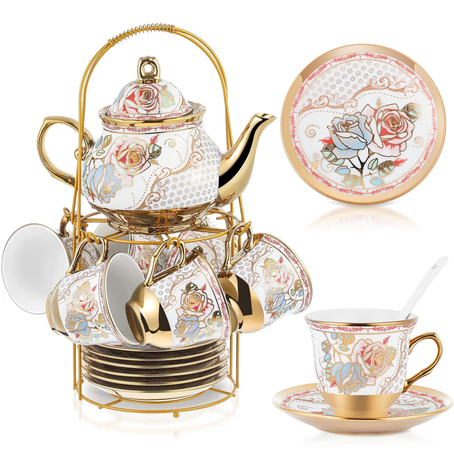 Ceramic tea set (with metal tray and spoons) Adult ceramic tea set with European floral pattern teapot, cup, tray and spoon. Suitable as a gift for women and mothers. Large version (bright style, 20 pieces)