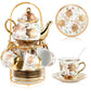 Ceramic tea set (with metal tray and spoons) Adult ceramic tea set with European floral pattern teapot, cup, tray and spoon. Suitable as a gift for women and mothers. Large version (bright style, 20 pieces)